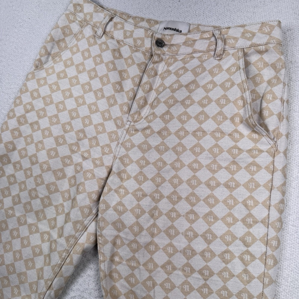 Nanushka Pants Womens 32 Geometric Logo Print Linen Blend Straight With Turn Up